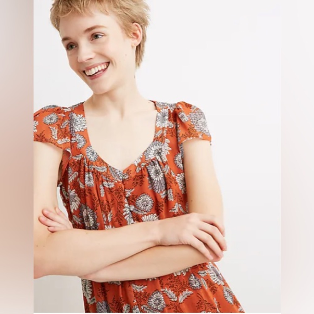 Madewell Terracotta Floral Short Flutter Sleeve Scoop Neck Midi Dress Size 6 - Picture 2 of 12